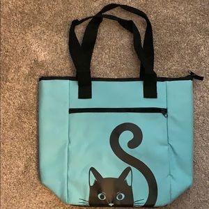 Aqua with black cat large insulated tote bag